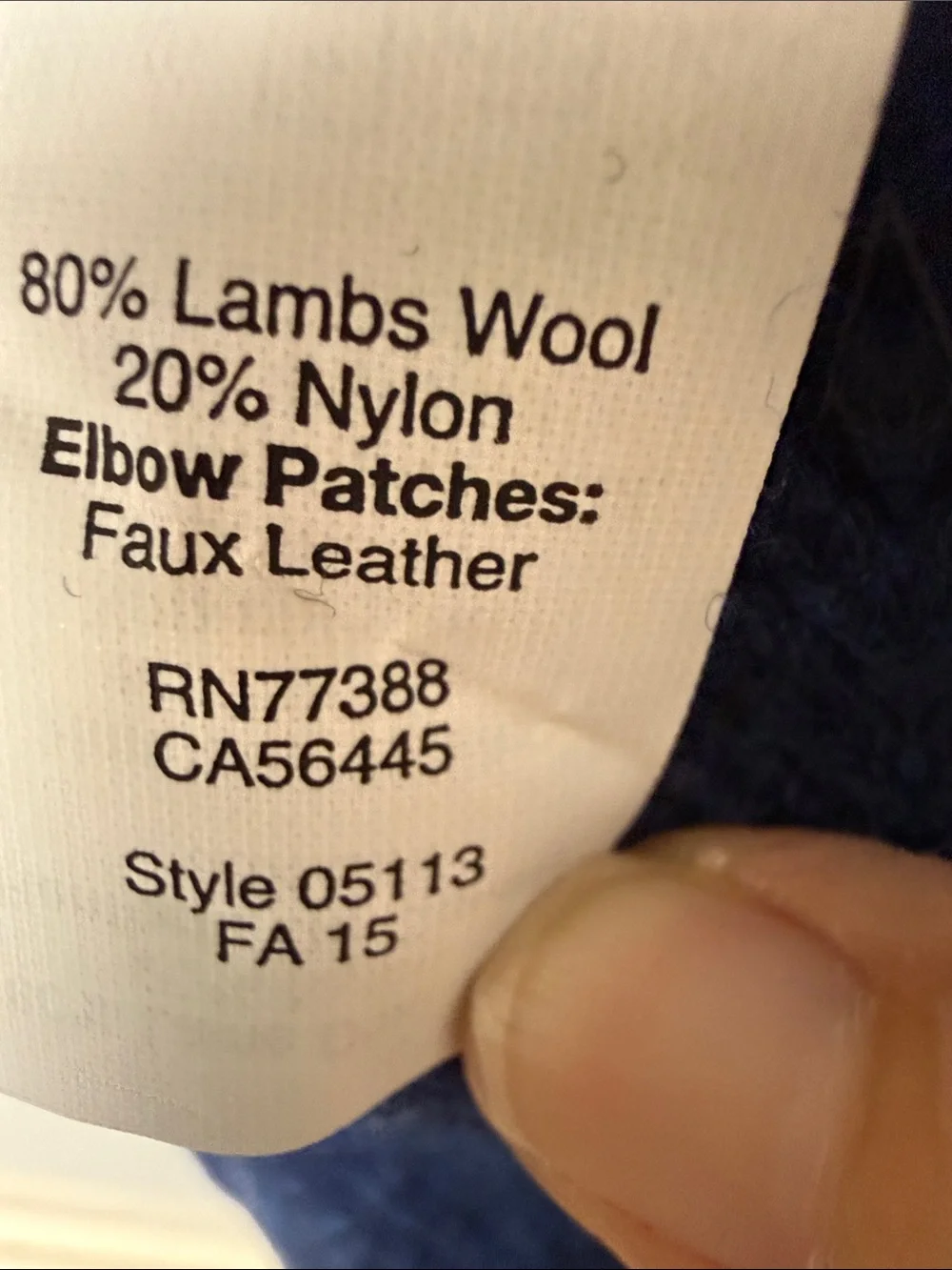 Vintage J. Crew Navy Crewneck Sweater with Tan Elbow Patches.  80% lambswool